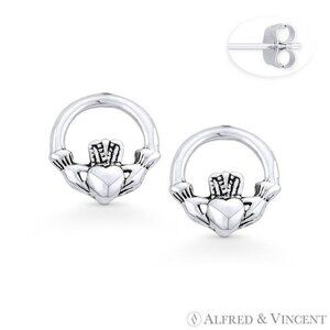 Irish / Celtic Claddagh Heart Charm Stud Earrings in .925 Sterling Silver